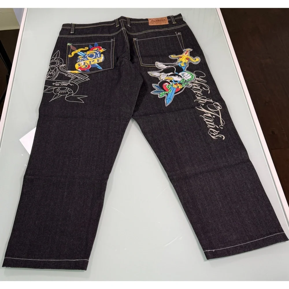 VTG Y2k Raw Blue Jeans Men 42x34 Black Denim Embroidered Embellish Skull Baggy‎